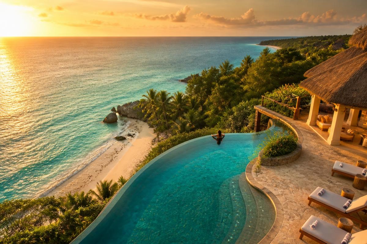 Aerial view of a luxury infinity pool overlooking the Indian Ocean in Diani, Kenya